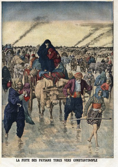 Erster Balkankrieg: Die Flucht türkischer Bauern nach Konstantinopel. Illustration aus „Le Petite Journal“ 24/11/1912 Private Sammlung. von Anonymous Anonymous
