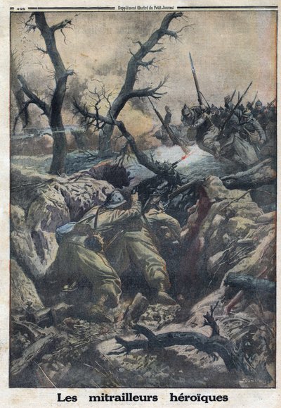 Erster Weltkrieg 1914-1918. Französische Maschinengewehrschützen schießen auf angreifende deutsche Soldaten. In „Le Petit Journal“, am 09.04.1916. Private Sammlung von Anonymous Anonymous
