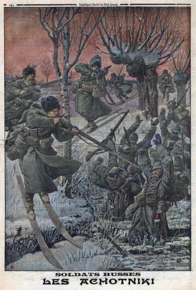 Erster Weltkrieg 1914-1918. Russische Soldaten Ahotniki auf Skiern schießen auf deutsche Soldaten. In 