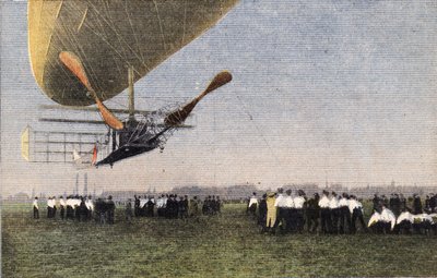 Von Compiegne nach London mit dem Luftschiff: die Landung von Bayard-Clement (Bayard Clement) in Wormwood Scrubbs. Gravur. Eine der Zeitungen „Le petit parisien“ vom 30.10.1910. Private Sammlung. von Anonymous Anonymous