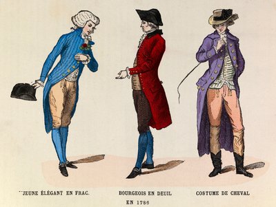 Von links nach rechts: Ein junger Eleganter im Frack; Ein Bürger in Trauer und ein Reitanzug 1786 von Anonymous Anonymous