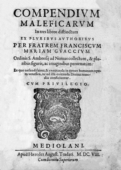 Frontispiz von „Compendium Maleficarum“, behandelt Hexen, ihre Bosheit und ihre Zauberei von Francesco Maria Guazzo oder Guaccio oder Guaccius (15?? -16??) 1608 von Anonymous Anonymous