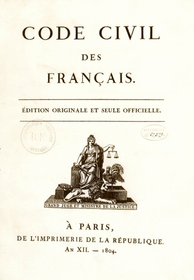 Frontispiz einer der zwölf Originalausgaben des „Code civil des français“, verkündet von Napoleon Bonaparte am 21.03.1804. Französisches Zivilgesetzbuch. von Anonymous Anonymous