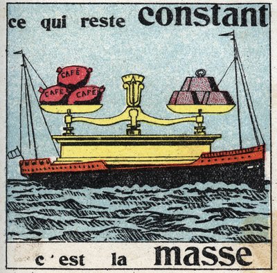 Schwerkraft: Masse bleibt konstant. Eine riesige Waage mit Gewichten, die Kaffeebeutel ausbalancieren, alles liegt auf einem Boot. Anonyme Illustration von 1925. Private Sammlung. von Anonymous Anonymous