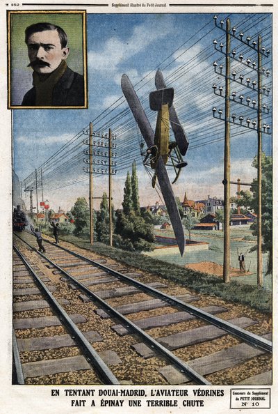 In Versuchung Douai - Madrid, der Flieger Jules Védrines (1881-1919) machte in Epinay einen schrecklichen Sturz. Gravur in „Le Petit Journal“, am 12.05.1912 von Anonymous Anonymous