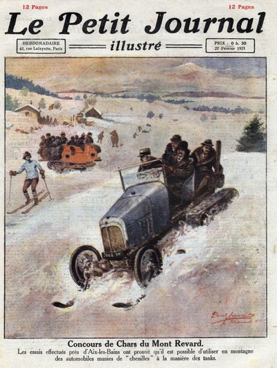 Innovation bei Autos in den Bergen, Ketten werden auf die Räder gelegt, um ein Abrutschen zu verhindern. Illustration aus „Le petit journal“ vom 27.02.1921. Private Sammlung von Anonymous Anonymous