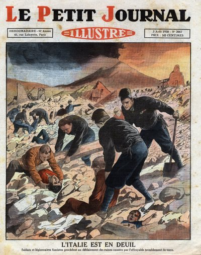 Italien trauert: Soldaten und faschistische Legionäre räumen die Trümmer nach dem schrecklichen Erdbeben östlich von Neapel. Gravur. Eine der Zeitungen „Le Petit Journal Illustré“, am 3.08.1930. von Anonymous Anonymous