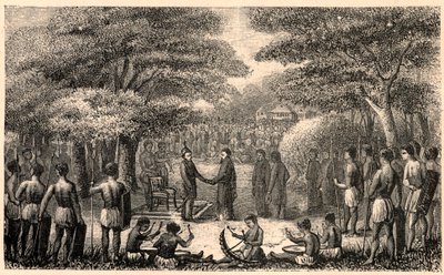 König Lebuschi begrüßt Henri Depelchin (1822-1900), Jesuitenmissionar und erster Superior der Oberen Zambeze-Mission in Afrika. Gravur in „Les Missions Catholiques au XIXème Siècle“ von Louis-Eugène Louvet. Private Sammlung. von Anonymous Anonymous
