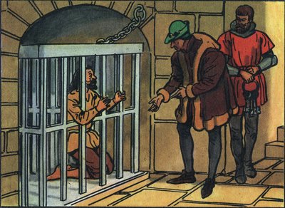 König Ludwig XI. besucht die Käfige des Bastille-Gefängnisses. Anonyme Illustration in Collection des souverains et chefs d