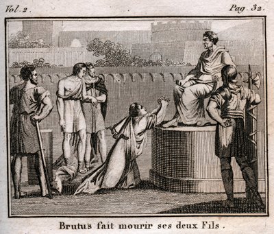 LUCIUS JUNIUS BRUTUS verurteilt seine eigenen Söhne zum Tode, weil sie planten, die Tarquinier, die vertriebenen Könige von Rom, wieder einzusetzen, 509 v. Chr. - Gravur aus „Der Rollin der Jugend oder Ausgewählte Stücke aus antiken und römischen Geschicht von Anonymous Anonymous