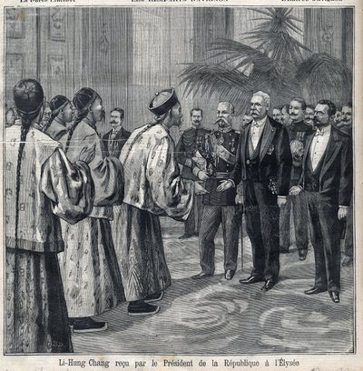 Li Hongzhang wird vom Präsidenten der Republik Felix Faure (1841-1899) im Elysee-Palast empfangen. Gravur in „Le Petite Parisien“ von Anonymous Anonymous