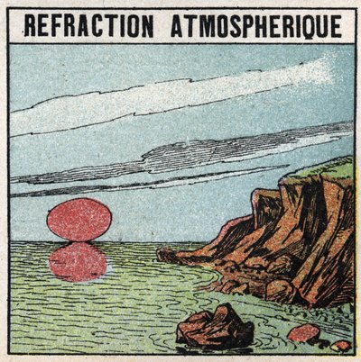 Lichtbrechung: Atmosphärische Brechung gibt die Illusion, dass die Sonne beim Auf- oder Untergang größer ist als im Zenit. Anonyme Illustration von 1925. Private Sammlung. von Anonymous Anonymous