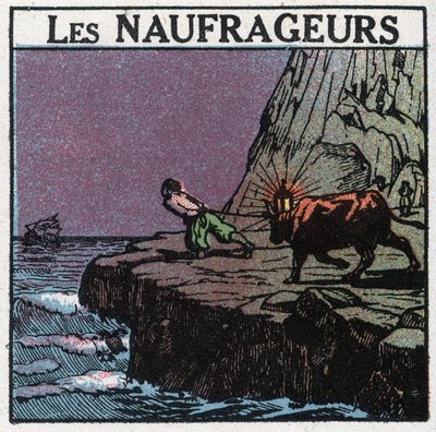 Lichtsignale: Die Schiffbrüche. Ein Mann hängt eine Laterne zwischen die Hörner einer Kuh und geht entlang der Küste, um die Boote glauben zu lassen, dass sie noch weit von den Felsen entfernt sind, und so ihr Sinken zu provozieren, um das Wrack zu bergen. von Anonymous Anonymous