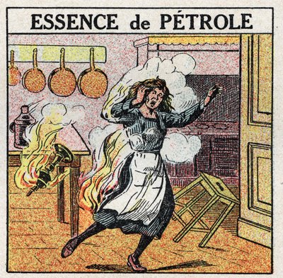 Lichtquellen: Eine Frau fängt Feuer beim Umgang mit einer Öllampe. Anonyme Illustration von 1925. Private Sammlung. von Anonymous Anonymous