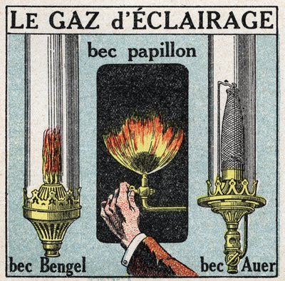 Lichtquellen: Gasbeleuchtung und verschiedene Brenner (Schmetterlingsbrenner, Bengelbrenner, Auerbrenner). Anonyme Illustration von 1925. Private Sammlung. von Anonymous Anonymous