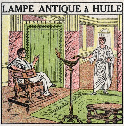Lichtquellen: Öllampe, verwendet in der Antike. Anonyme Illustration von 1925. Private Sammlung. von Anonymous Anonymous