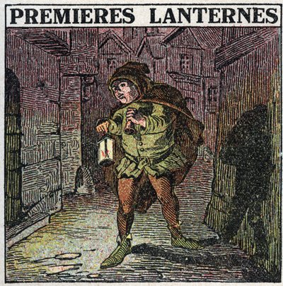 Lichtquellen: Die ersten Laternen im frühen Mittelalter. Anonyme Illustration von 1925. Private Sammlung von Anonymous Anonymous
