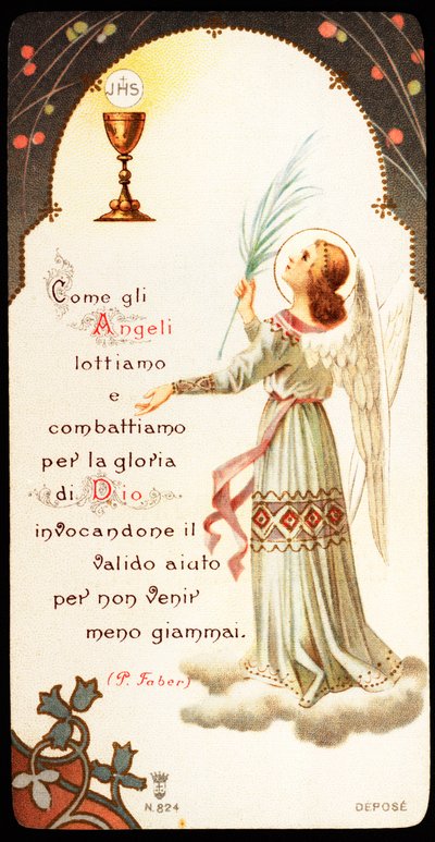 Wie die Engel kämpfen wir für die Herrlichkeit Gottes. Andachtsbild mit einem Kelch und einer Hostie, auf der das Monogramm Jesu Christi, JHS, zu sehen ist. 20. Jahrhundert. Private Sammlung von Anonymous Anonymous