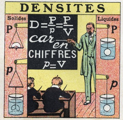 Flüssigkeitsgleichgewicht: Ein Lehrer unterrichtet Schüler in einem Klassenzimmer über die Dichte von Feststoffen und Flüssigkeiten. Anonyme Illustration von 1925. Private Sammlung. von Anonymous Anonymous