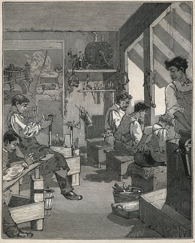 Herstellung von Kämmen in einer Werkstatt in Frankreich im 19. Jahrhundert. Gravur von 1885 in 