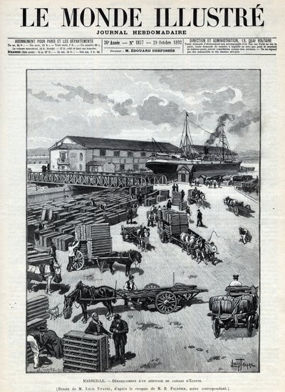 Maritimer Handel: Entladung einer Ankunft von Wachteln aus Ägypten im Hafen von Marseille. Eine Zeitung. Gravur in 