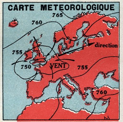 Meteorologie: meteorologische Karte. Anonyme Illustration von 1925. Private Sammlung. von Anonymous Anonymous
