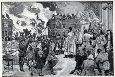 Moskau, Feuer im Vorort Kaluga: die orthodoxe Geistlichkeit präsentiert die Heiligen Bilder, um die Stadt zu schützen, und Feuerwehrleute bekämpfen das Feuer. Gravur in 