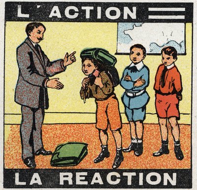 Bewegungen: Aktion, Reaktion. Ein Junge trägt seine Tasche. Anonyme Illustration von 1925. Private Sammlung. von Anonymous Anonymous