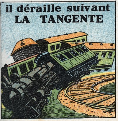 Bewegungen: Tangente. Zugentgleisung. Anonyme Illustration von 1925. Privatsammlung. von Anonymous Anonymous