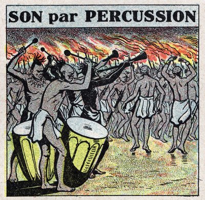 Musikinstrumente: Schlagzeugspieler in einem afrikanischen Dorf. Anonyme Illustration von 1925. Private Sammlung. von Anonymous Anonymous