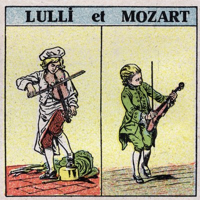 Musikinstrumente: gestrichene Saiteninstrumente. Jean Baptiste Lully (Giovanni Battista Lulli) (1632-1687) und Wolfgang Amadeus Mozart (1756-1791) spielen die Geige. Anonyme Illustration von 1925. Private Sammlung. von Anonymous Anonymous
