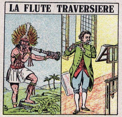 Musikinstrumente: Blasinstrumente. Querflötenspieler zur Zeit der Inkas und in einer späteren Epoche. Anonyme Illustration von 1925. Private Sammlung. von Anonymous Anonymous