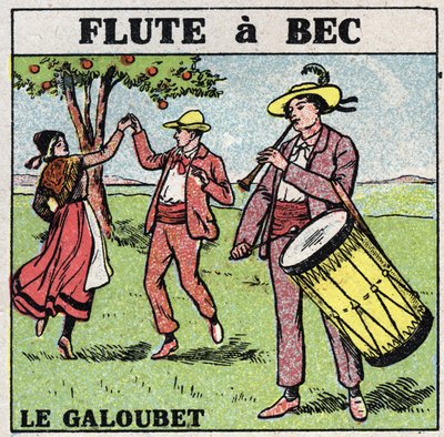 Musikinstrumente: Blasinstrumente. Galoubet-Spieler (Blockflöte). Anonyme Illustration von 1925. Private Sammlung. von Anonymous Anonymous