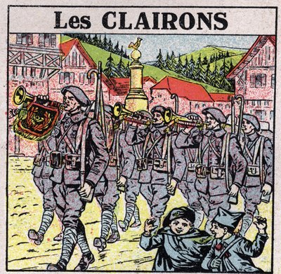 Musikinstrumente: Blasinstrumente mit einem Krugmundstück. Hornisten während eines Militärlaufs. Anonyme Illustration von 1925. Private Sammlung. von Anonymous Anonymous