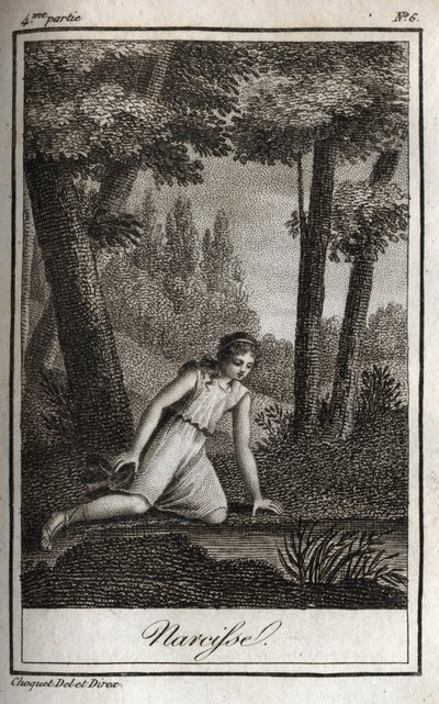 Narziss betrachtet sein Spiegelbild (Narciso) Gravur von 1819 in „Lettres à Emilie sur la mythologie“ von Charles Albert Demoustier (1760-1801). Private Sammlung. von Anonymous Anonymous