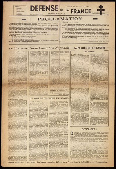 Eine der Untergrundzeitungen „Défense de France“ vom 15.01.1944 von Anonymous Anonymous