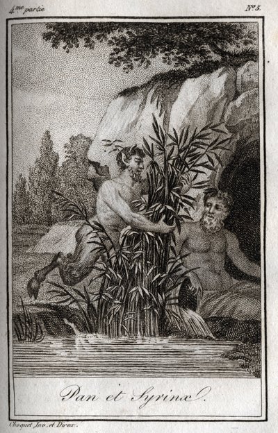 Pan und die Nymphe Syrinx, die in Schilfrohr verwandelt wird. Gravur von 1819 in „Lettres à Emilie sur la mythologie“ von Charles Albert Demoustier (1760-1801). Private Sammlung von Anonymous Anonymous