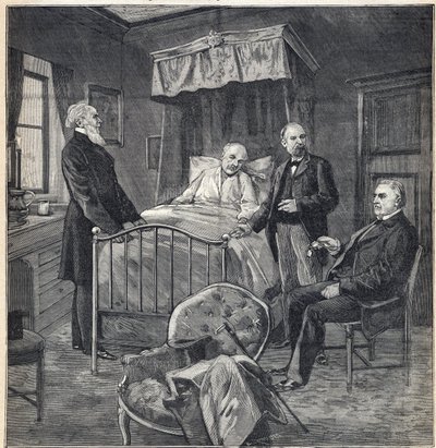 Panama-Skandal (Panama-Fall): Das Zimmer von Cornelius Herz (1845-1898), französisch-amerikanischer Arzt und Geschäftsmann in Bournemouth: Besuch von Dr. Jean Martin Charcot (1825-1893), klinischer Arzt und Neurologe, und Paul Brouardel (1837-1906) - Gravu von Anonymous Anonymous