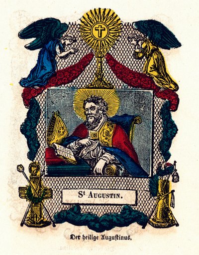 Andachtsbild: Heiliger Augustinus (Augustinus von Hippo (354 - 430), Bischof und Kirchenlehrer, Autor der Regel des heiligen Augustinus und der Bekenntnisse). Gravur des 19. Jahrhunderts von Anonymous Anonymous