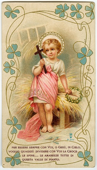 Frommes Bild: ein kleiner Junge, der das Kreuz und die Dornenkrone hält, um Jesu Schmerz zu teilen (Gravur) von Anonymous Anonymous