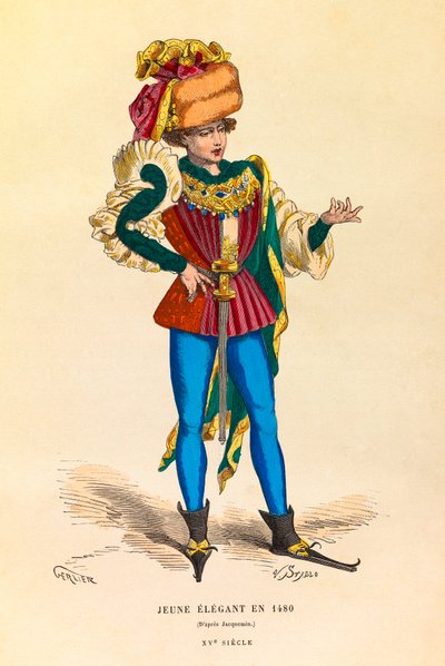 Porträt und Kostüm eines jungen Eleganten in Paris im Jahr 1480, Gravur, Private Sammlung von Anonymous Anonymous