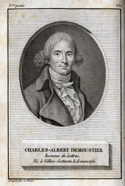Porträt von Charles Albert Demoustier (1760-1801), französischer Schriftsteller. Gravur aus 1819 in „Lettres à Emilie sur la mythologie“ von Charles Albert Demoustier (1760-1801). Private Sammlung von Anonymous Anonymous