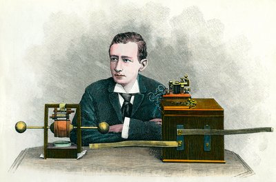 Porträt von Guglielmo Marconi (1874-1937), italienischer Physiker, Erfinder des Telegraphen. Gravur um 1900. Private Sammlung von Anonymous Anonymous