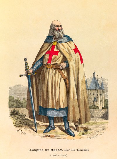 Porträt von Jacques de Molay (1244-1314), Großmeister der Templer im 13. Jahrhundert, Gravur - Privatsammlung von Anonymous Anonymous