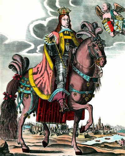Porträt von Leopold I., Heiliger Römischer Kaiser - Reiterporträt von Leopold I. (1640 - 1705) König von Ungarn, Böhmen, Dalmatien, Kroatien und deutscher Kaiser. Gravur aus dem 17. Jahrhundert. Private Sammlung von Anonymous Anonymous