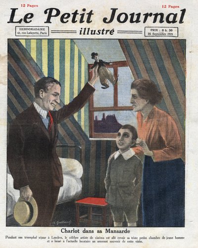 Porträt des Schauspielers Charlie Chaplin auf Reisen nach London, besucht sein ehemaliges Zimmer, er schenkt dem Kind der Familie eine kleine Charlot-Puppe. Illustration aus „Le petit journal illustré“ vom 23.09.1921. Private Sammlung von Anonymous Anonymous