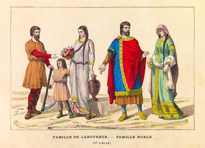 Porträts und Kostüme einer Pflügerfamilie und einer Adelsfamilie im 5. Jahrhundert, Gravur, Private Sammlung von Anonymous Anonymous