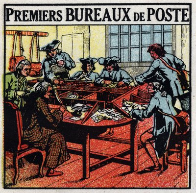 Postamt: erste Postämter in Paris im 18. Jahrhundert. Anonyme Illustration von 1925. Private Sammlung. von Anonymous Anonymous