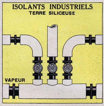 Strahlung und Leitfähigkeit: industrielle Isolierung. Wir umgeben die Rohre mit Kieselerdeziegeln. Anonyme Illustration von 1925. Private Sammlung. von Anonymous Anonymous
