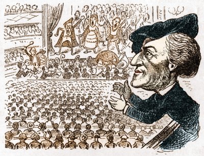 Richard Wagner beschäftigt Hunderte von Sängern, Musikern, Millionen von Menschen mieten Plätze und er ist der einzige, der applaudiert. Karikatur über den deutschen Komponisten Richard Wagner (1813 - 1883) aus Les moeurs et la caricature en allemand von J von Anonymous Anonymous
